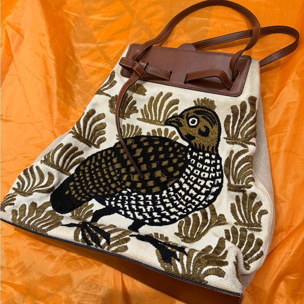 Loewe Embroidered Bird Design Tote Bag - Brown and Cream